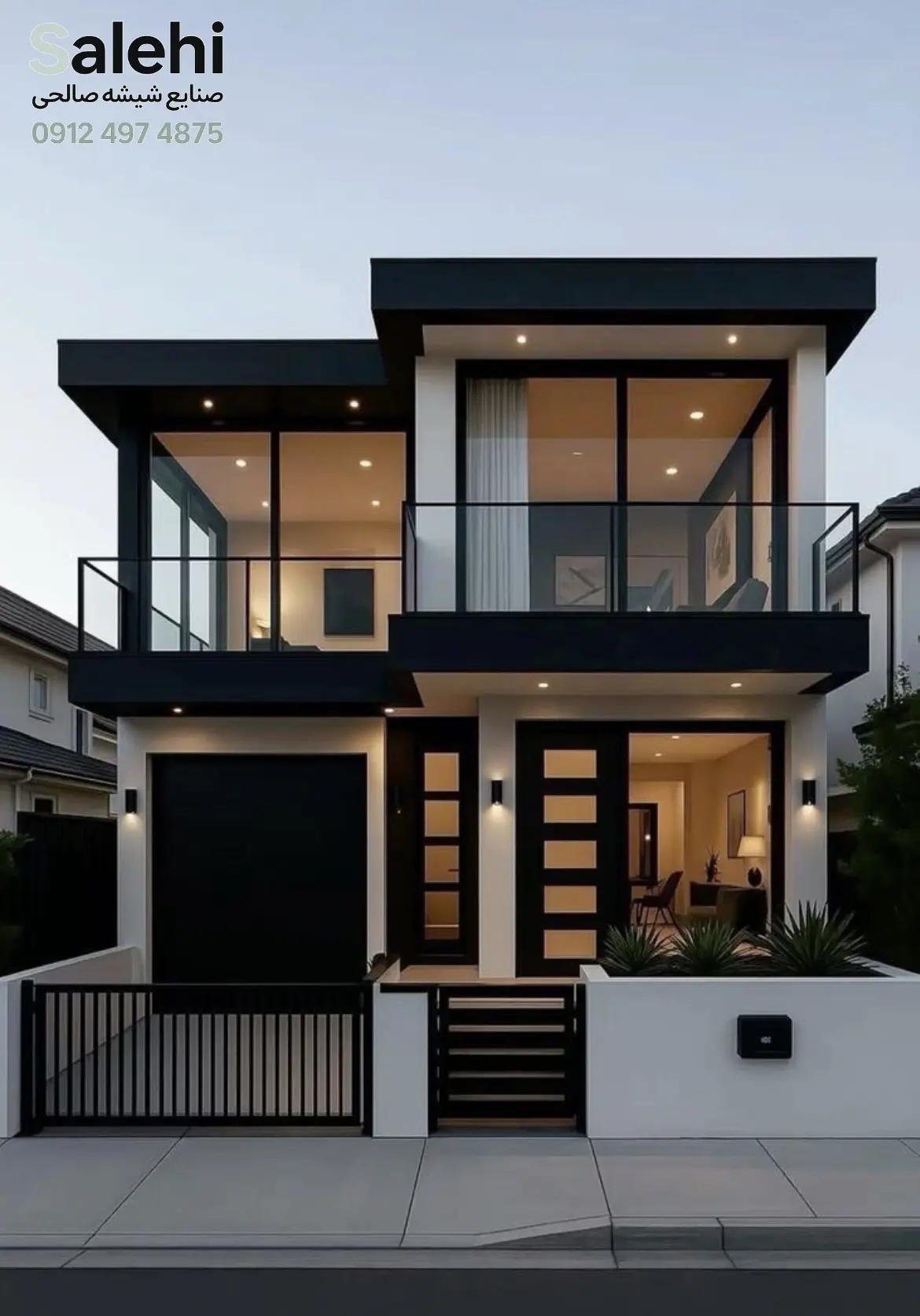 نمای شیشه سکوریت و لمینت با نور زرد